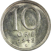 Sweden Gustaf V (1907-1950) Silver 1942 G 10 Öre UNC KM# 813 (22 071)