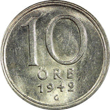 Sweden Gustaf V (1907-1950) Silver 1942 G 10 Öre UNC KM# 813 (22 071)