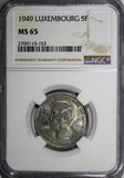 Luxembourg Charlotte (1919-1964) 1949 5 Francs NGC MS65 1 YEAR TYPE KM# 50