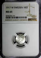 SWEDEN Gustaf V Silver 1917-W 10 Ore NGC MS65 WWI Issue  KM#780