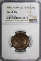 Tunisia Muhammad V AH1334/1916 A 5 Centimes NGC MS66 BN TOP GRADED KM# 235 (02)