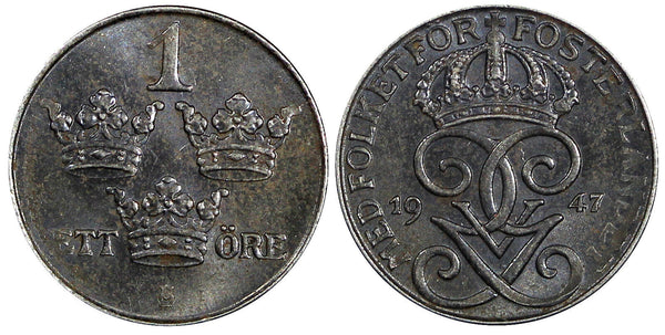 Sweden Gustaf V Iron 1947 1 Öre Choice Unc KM# 810 (21 864)