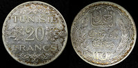 TUNISIA  Silver 1353 (1935) 20 Francs XF KM# 263 (22 952)