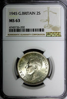 GREAT BRITAIN George VI Silver 1945 Florin /2 Shilling NGC MS63 WWII Issue KM855
