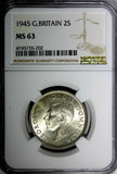 GREAT BRITAIN George VI Silver 1945 Florin /2 Shilling NGC MS63 WWII Issue KM855