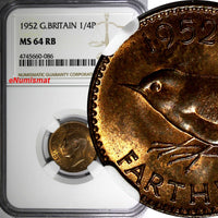 Great Britain George VI Bronze 1952 Farthing NGC MS64 RB KM# 867 (086)