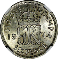 Great Britain George VI Silver 1944 6 Pence NGC AU55 KM# 852 (046)
