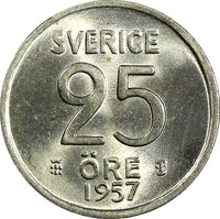 Sweden Gustaf VI Silver 1957 TS 25 Öre GEM BU COIN KM# 824 (22 020)