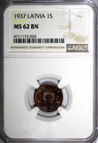 LATVIA Bronze 1937 1 Santims NGC MS62 BN 1st Date for Type KM# 10