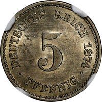 Germany-Empire Wilhelm I 1874-A 5 Pfennig NGC MS62 1st Date TOP GRADED KM#3 /187