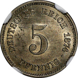 Germany-Empire Wilhelm I 1874-A 5 Pfennig NGC MS62 1st Date TOP GRADED KM#3 /187