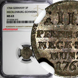 German MECKLENBURG-SCHWERIN Silver 1764 3 Pfennig NGC MS63 TOP GRADED KM#202(72)