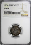 Great Britain William IV (1831-1837) Silver 1834 6 Pence NGC AU58 Toned KM# 712
