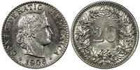 Switzerland 1906 B 20 Rappen UNC Mint Luster KM# 29 (21 396)