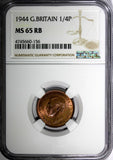 Great Britain George VI Bronze 1944 Farthing NGC MS65 RB TOP GRADED KM# 843 (56)