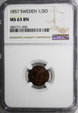 SWEDEN Oscar I Bronze 1857 1/2 Ore NGC MS63 BN BROWN KM# 686 (036)