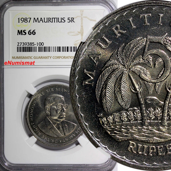 Mauritius 1987 5 Rupees NGC MS66 TOP GRADED Seewoosagur Ramgoolam KM# 56 (100)