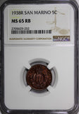 San Marino 1936-R 5 Centesimi NGC MS65 RB Mintage-200,000 KEY DATE KM# 12 (52)