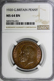GREAT BRITAIN George V Bronze 1920 1 Penny NGC MS64 BN NICE TONED KM# 810 (051)