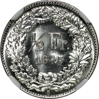 Switzerland Silver 1945 B 1/2 Franc NGC MS63  Helvetia KM# 23 (025)