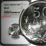 SWEDEN Gustaf V Silver 1939 G 50 Ore NGC MS63 1 GRADED HIGHEST  KM# 788 (130)