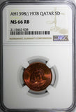 QATAR Khalifah Bronze  AH1398//1978 5 Dirhams NGC MS66 RB TOP GRADED KM# 3 (038)
