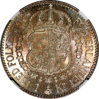 SWEDEN Gustaf V Silver 1915 W 1 Krona NGC MS63 NICE TONED KM# 786.1 (035)