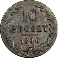 Poland Nicholas I Silver 1840 MW 10 Groszy Warszawa mint  VF Condition C# 113a