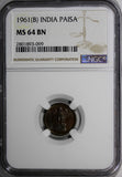 India-Republic Naya Bronze 1961 B 1 Paisa NGC MS64 BN KM# 8 (099)