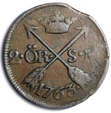 Sweden Adolf Frederick Copper 1763 2 Ore, S.M. Low Mintage-401,000  KM# 461