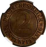 Germany,Weimar Republic 1924-J 2 Rentenpfennig NGC MS65 BN TOP GRADED KM#31(009)