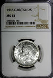 GREAT BRITAIN George V (1910-1936) Silver 1918 1 FLORIN NGC MS61 SCARCE KM# 817
