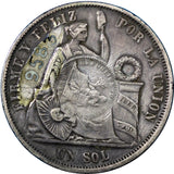 Guatemala Silver 1865 1 Peso KM224 Counterstamp Peru 1 Sol Num"9583" SCARCE (50)