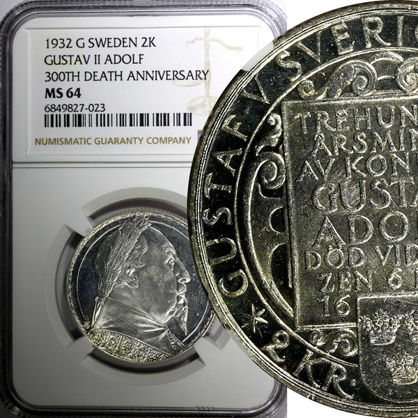 SWEDEN Silver 1932 G 2 Kronor NGC MS64 Death of Gustaf II Adolf BU KM# 805 (23)