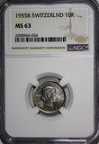 Switzerland Copper-Nickel 1955-B 10 Rappen NGC MS63 BU COIN KM# 27 (054)