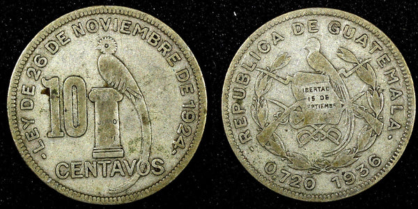 GUATEMALA Silver 1936 10 Centavos Royal British Mint KM# 239.2 (22 888)