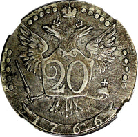 Russia Catherine II Silver 1766 MMD 20 Kopecks Moscow Mint NGC VF35 C#63a.1 RARE