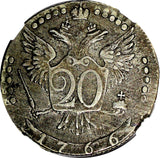 Russia Catherine II Silver 1766 MMD 20 Kopecks Moscow Mint NGC VF35 C#63a.1 RARE
