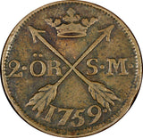 Sweden Adolf Frederick Copper 1759 2 Ore, S.M. Mintage-352,000 KM# 461 (21 345)