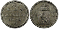 Norway Carl XV Silver 1871 2 Skilling with rosettes XF  KM# 336.1 (20 701)