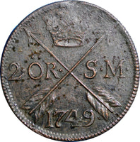SWEDEN COPPER Frederick I 1749 2 Ore,S.M Low Mintage:313,000 Avesta Mint. KM#437