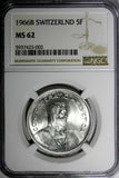 Switzerland Silver 1966 B 5 Francs NGC MS62 GEM BU KM# 40 (002)