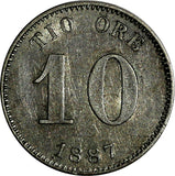 SWEDEN Oscar II Silver 1887 EB 10 Ore  XF Condition KM# 755