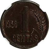 Lithuania Bronze 1936 1 Centas NGC AU58 BN 1 YEAR TYPE KM# 79