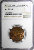 Tunisia Bronze AH1325//1907 A 5 Centimes NGC MS65 RB TOP GRADED KM# 235 (049)