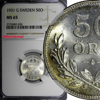 SWEDEN Gustaf V Silver 1931 G 50 Ore NGC MS65 TOP GRADED  GEM BU  KM# 788 (036)