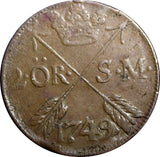 SWEDEN COPPER Frederick I 1749 2 Ore,S.M.Struck at Avesta Mint CHOICE KM437/2336