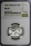 Uruguay Silver 1930 20 Centesimos NGC MS65 Constitution GEM BU KM# 26 (024)
