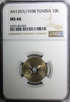 Tunisia AH1357 1938 10 Centimes  NGC MS66 GEM BU   KM# 259 (23)