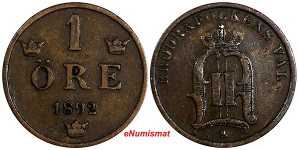 SWEDEN Oscar II Bronze 1892 1 Ore Low Mintage-280,000 RARE DATE KM# 750 (13 672)